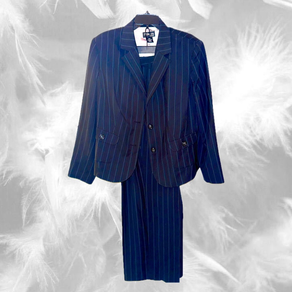 Style & Co. Womens Dark Blue Pinstripe Pants Suit